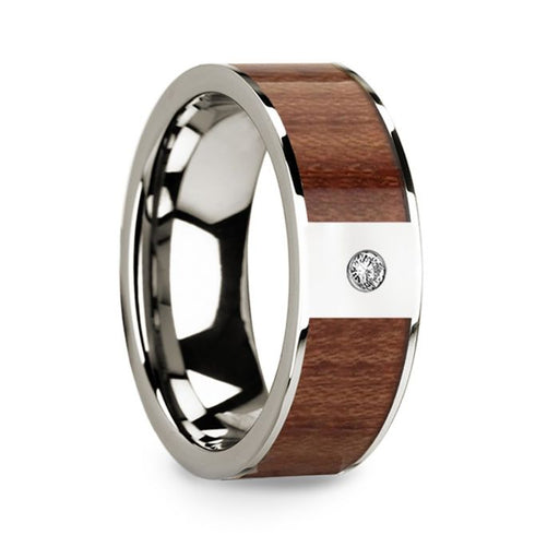 Polished 14k White Gold Men’s Wedding Ring with Rosewood Inlay & Diamond Center - 8 mm