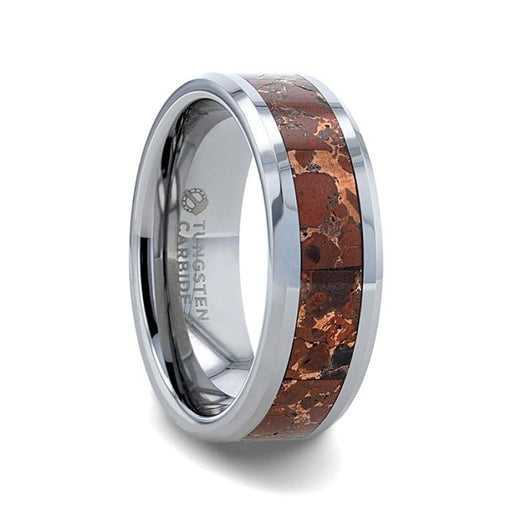 CROWN Tungsten Carbide Ring with Beveled Edges and Orange Copper Conglomerate Inlay - 8 mm