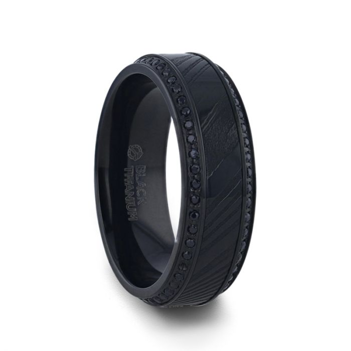 TROPHY Black Damascus Steel Inlaid Polished Black Titanium Men's Wedding Band With Black Sapphire Beveled Edges - 8 mm