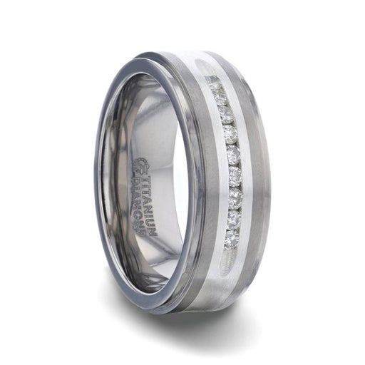 BOND Flat Brushed Silver Inlaid Titanium Men's Wedding Band With 9 Channel Set White Diamonds - 8mm