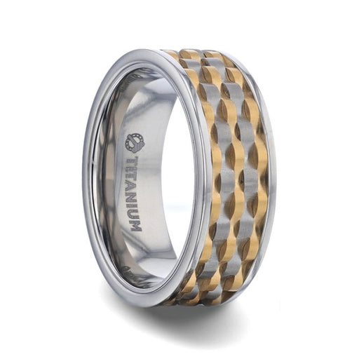 MONTROSE Wavy Gold And Gunmetal Texture Pattern Inlaid Titanium Men's Wedding Band With Flat Polished Profile - 8mm