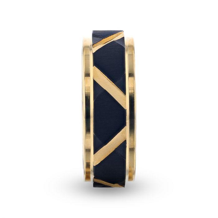 FLEMING Yellow Gold Plated Flat Polished Step Edged Titanium Men's Wedding Band With Matte Black Raised Horizontal Etches and Gold-Plated Diagonal-Shape Cut Inlay - 8mm