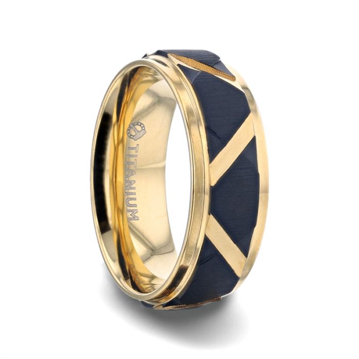 FLEMING Yellow Gold Plated Flat Polished Step Edged Titanium Men's Wedding Band With Matte Black Raised Horizontal Etches and Gold-Plated Diagonal-Shape Cut Inlay - 8mm