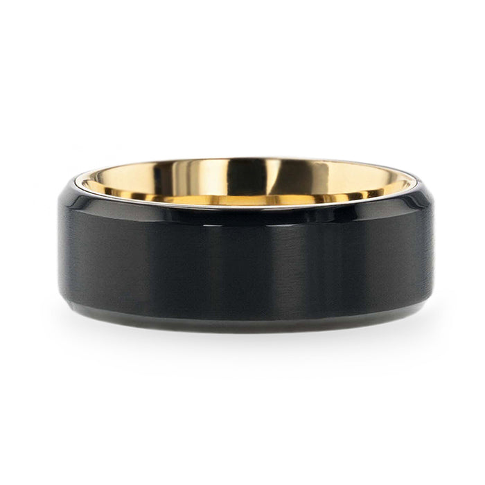 VELVET Flat Brushed Black Titanium Men's Wedding Ring With Yellow Gold Plating Interior And Beveled Polished Edges - 8mm