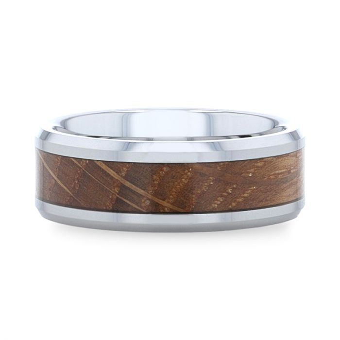 DISTILLED Whiskey Barrel Inlaid Tungsten Men's Wedding Band With Beveled Polished Edges Made From Genuine Whiskey Barrels Used By Jack Daniel's Distillery - 8mm
