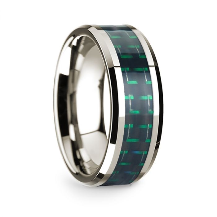 14k White Gold Polished Beveled Edges Wedding Ring with Black and Green Carbon Fiber Inlay - 8 mm