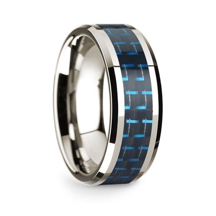 14k White Gold Polished Beveled Edges Wedding Ring with Black and Blue Carbon Fiber Inlay - 8 mm