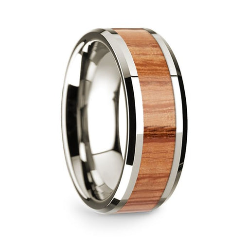 14k White Gold Polished Beveled Edges Wedding Ring with Red Oak Wood Inlay - 8 mm