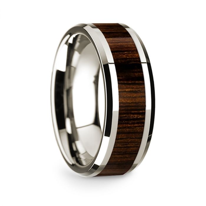 14k White Gold Polished Beveled Edges Wedding Ring with Black Walnut Inlay - 8 mm