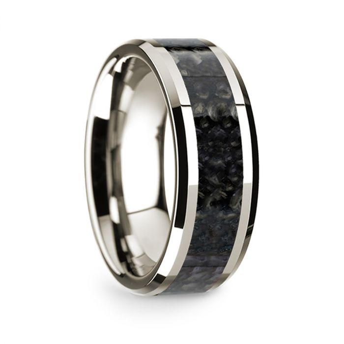 14k White Gold Polished Beveled Edges Wedding Ring with Blue Dinosaur Inlay - 8 mm