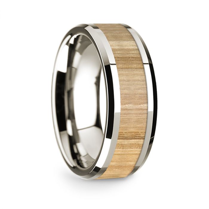 14k White Gold Polished Beveled Edges Wedding Ring with Ash Wood Inlay - 8 mm