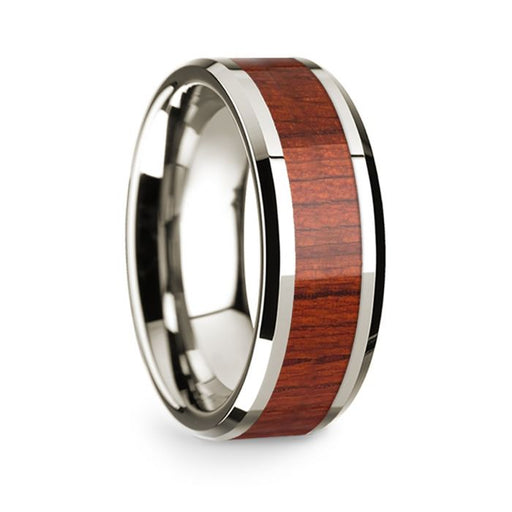 14k White Gold Polished Beveled Edges Wedding Ring with Padauk Inlay - 8 mm