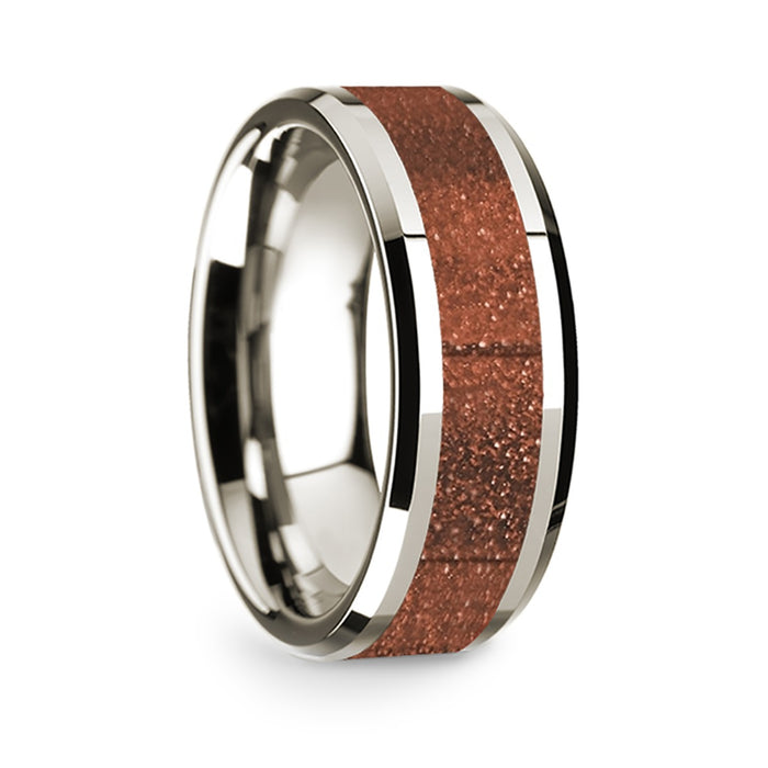 14k White Gold Polished Beveled Edges Wedding Ring with Orange Goldstone Inlay - 8 mm