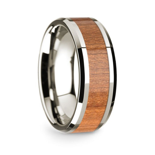 14k White Gold Polished Beveled Edges Wedding Ring with Sapele Inlay - 8 mm