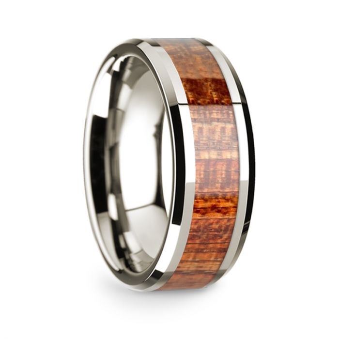 14k White Gold Polished Beveled Edges Wedding Ring with Mahogany Inlay - 8 mm