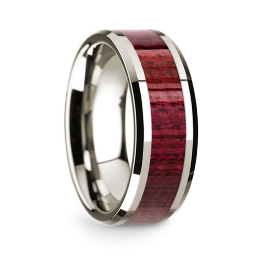 14k White Gold Polished Beveled Edges Wedding Ring with Purpleheart Wood Inlay - 8 mm