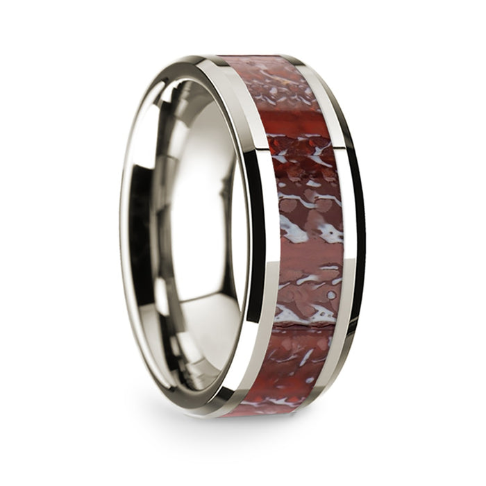 14k White Gold Polished Beveled Edges Wedding Ring with Red Dinosaur Bone Inlay - 8 mm