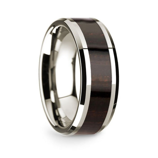 14k White Gold Polished Beveled Edges Wedding Ring with Ebony Wood Inlay - 8 mm