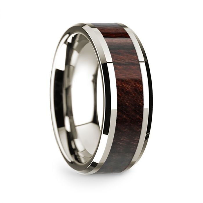14k White Gold Polished Beveled Edges Wedding Ring with Bubinga Wood Inlay - 8 mm