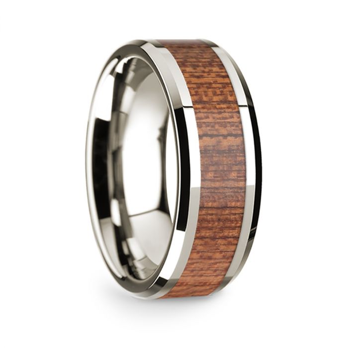 14k White Gold Polished Beveled Edges Wedding Ring with Cherry Wood Inlay - 8 mm