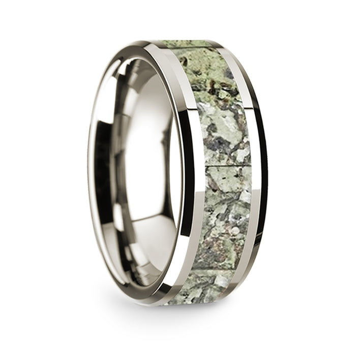 14k White Gold Polished Beveled Edges Wedding Ring with Green Dinosaur Bone Inlay - 8 mm