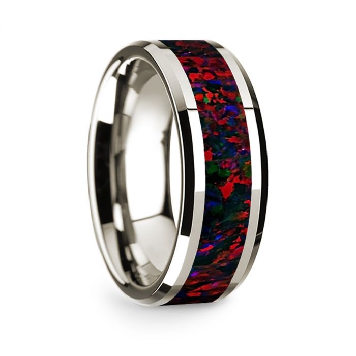 14k White Gold Polished Beveled Edges Wedding Ring with Black and Red Opal Inlay - 8 mm