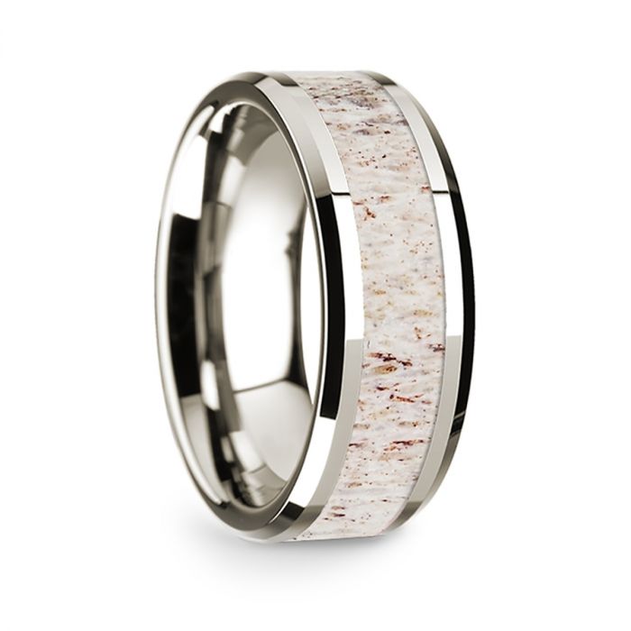 14k White Gold Polished Beveled Edges Wedding Ring with White Deer Antler Inlay - 8 mm