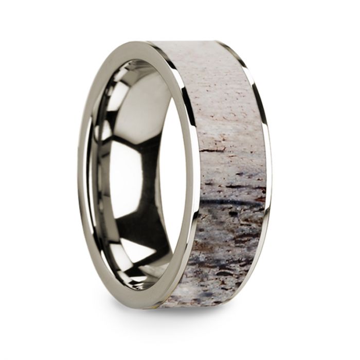 Flat Polished 14k White Gold Wedding Ring with Ombre Deer Antler Inlay - 8 mm