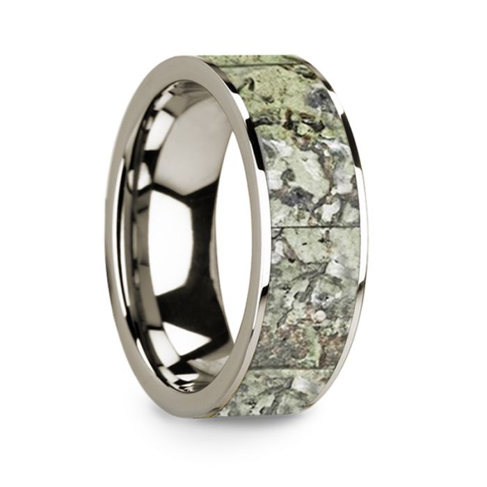 Flat Polished 14k White Gold Wedding Ring with Green Dinosaur Bone Inlay - 8 mm