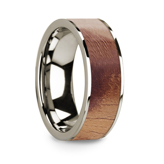 Flat Polished 14k White Gold Wedding Ring with Olive Wood Inlay - 8 mm