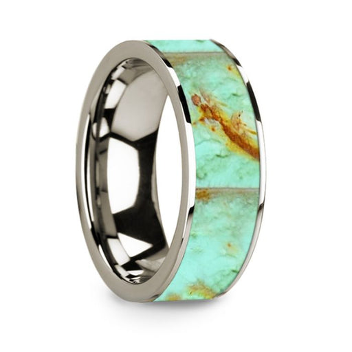 Flat Polished 14k White Gold Wedding Ring with Turquoise Inlay - 8 mm
