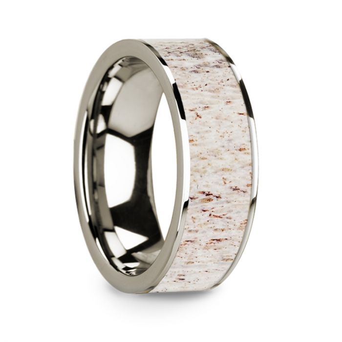 Flat Polished 14k White Gold Wedding Ring with White Deer Antler Inlay - 8 mm