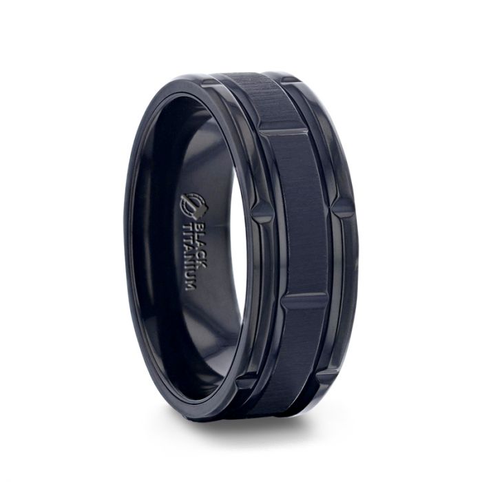 WYNN Alternating Grooves And Horizontal Etched Finish Black Titanium Men's Wedding Band With Alternating Grooved Beveled Polished Edges - 8 mm
