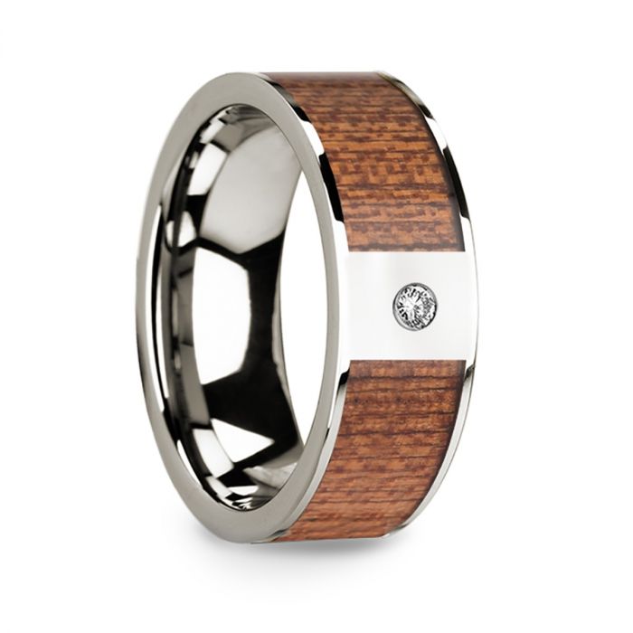 Men’s Polished 14k White Gold Wedding Band with Cherry Wood Inlay & Diamond Center - 8mm