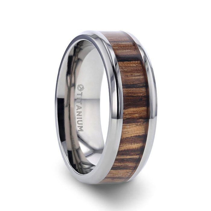 ZINGANA Titanium Ring with Beveled Edges and Real Zebra Wood Inlay - 8mm